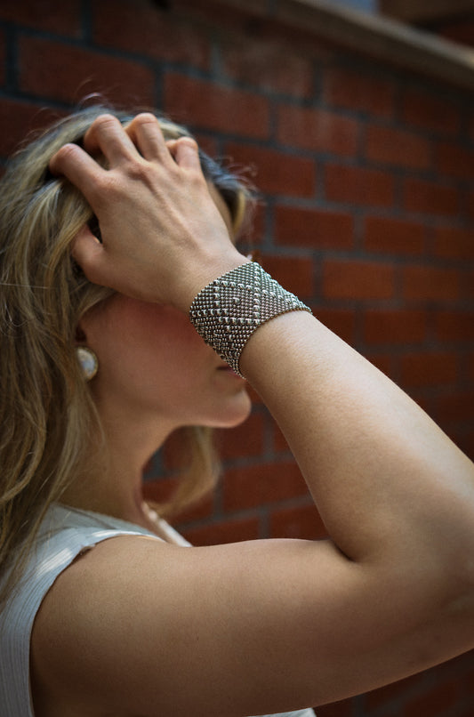 Silver Mesh Diamond Pattern Cuff Bracelet