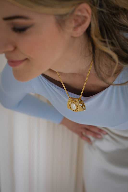 Gold-Tone Architectural Pendant Necklace with Faux Pearl Accent